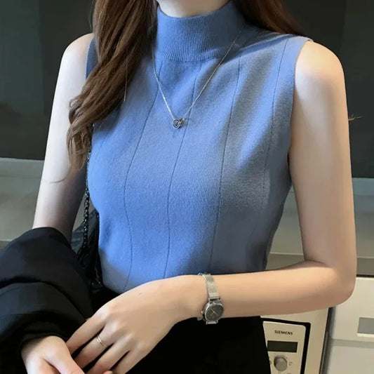 Korean Tops Spring New Summer Tops Clothes Sleeveless Blouse Knit Elastic Blusas