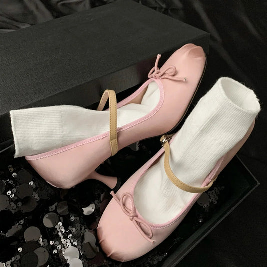 Satin Fabric Sweet Bow Tie Slipon Mary Jane Pumps Pink Daily Dress Heeled Shoes for Woman Spring
