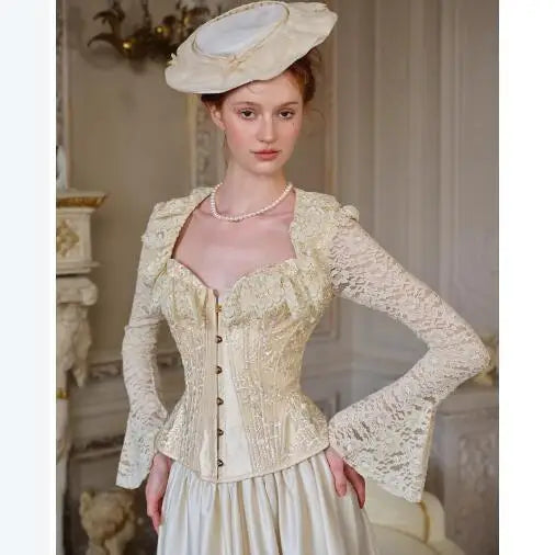 French Retro Court Style Heavy Industry Lace Fishbone Shirt Top Long Sleeve Square Neck Temperament Slim Blouses