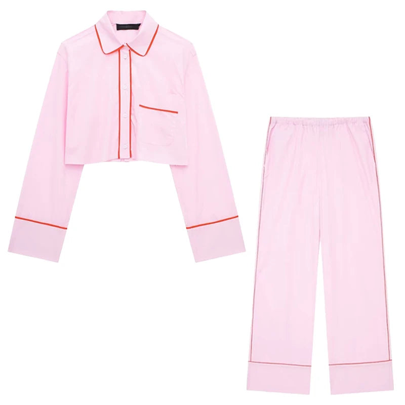 Spring Pink 2piece Set Woman Lapel Long Sleeves Single Breasted Shirts Crop Tops Female High Waist Wide Leg Pant