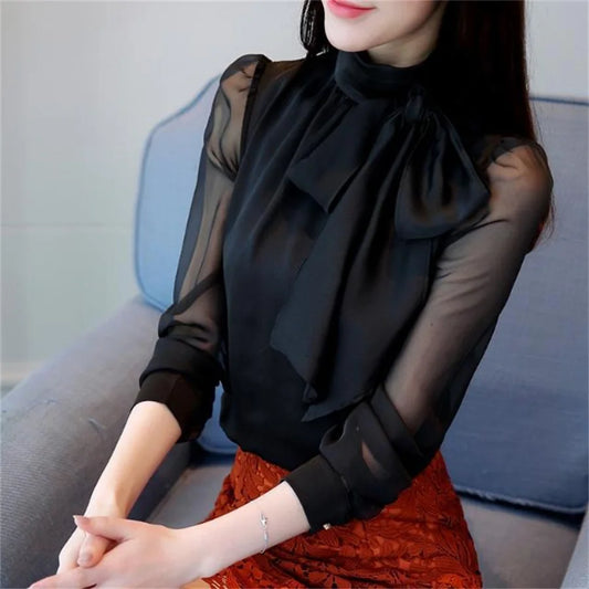 New Summer Tunic Blouse Shirts Long Sleeve Tie Bow Chiffon Turtleneck Formal White Black Shirts Df4905