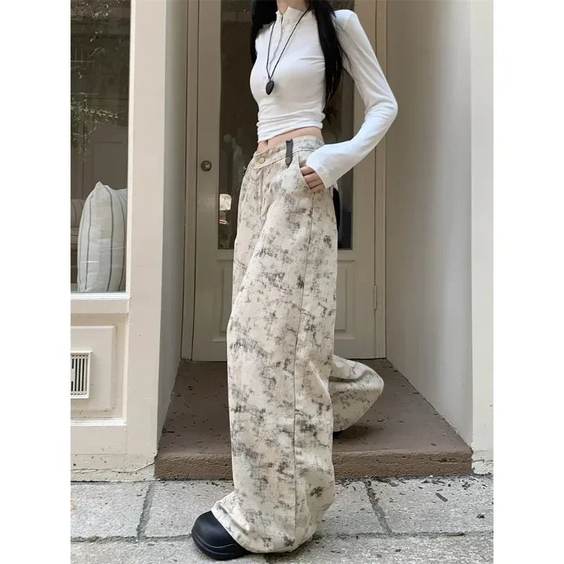 Contrast Color Patchwork Wide Leg Pants Autumn New Korean High Waist Allmatch Tiedye Loose Jeans