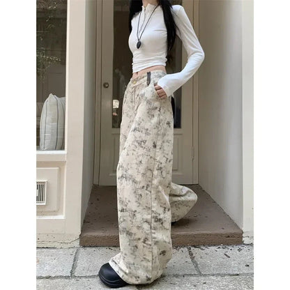 Contrast Color Patchwork Wide Leg Pants Autumn New Korean High Waist Allmatch Tiedye Loose Jeans