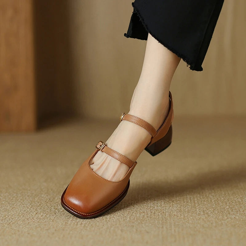 Summer Sandals Genuine Leather Shoes for Square Toe Chunky Heel Shoes Cover Toe Slingback Designer Sandals