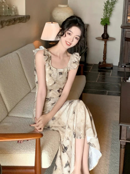 Summer French Midi Dress Office Lady Y2k Causal Retro Party Dress Korean Print Slim Dress New