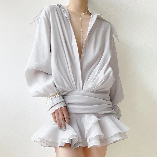 New Chiffon Mini Dress ’s Ruffled Splice Pleated Dress Mesh See-through Loose Oversized Shirt Dress Cover-up Clothes