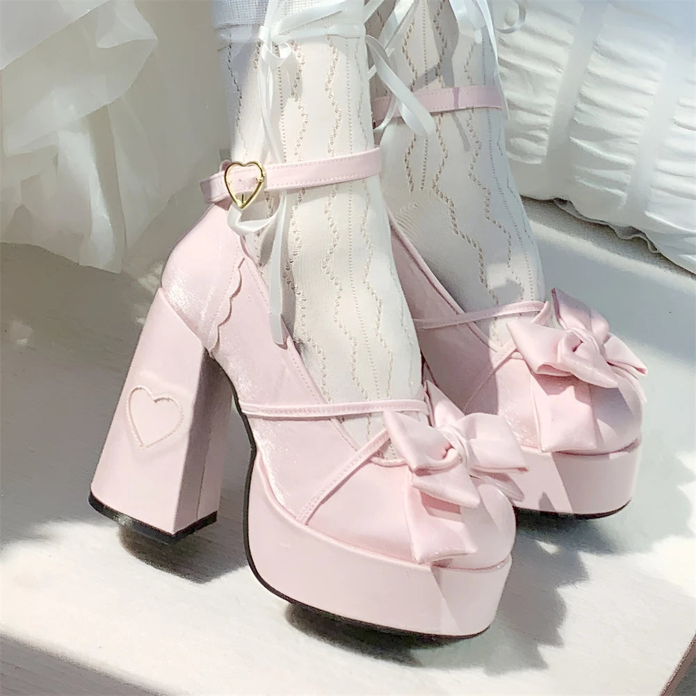 Lolita Bow Bow Decor Pumps Platform Chunky High Heels Ankle Strap Sweet Pumps for Girl Shoes