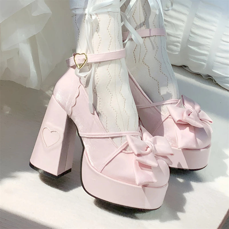 Lolita Bow Bow Decor Pumps Platform Chunky High Heels Ankle Strap Sweet Pumps for Girl Shoes