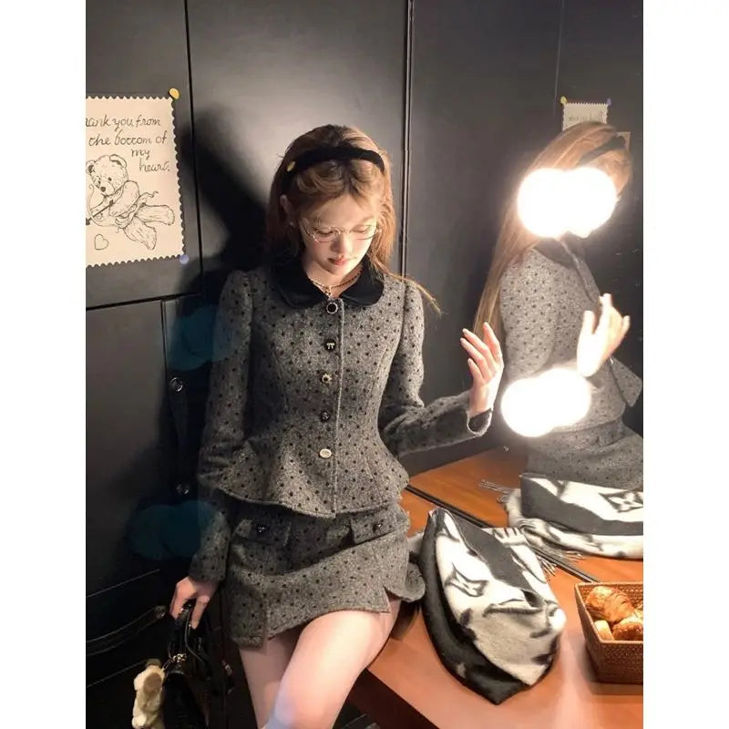 Sweet Hot Girl Suit Autumn Winter Polka Dot Short Coat High Waisted Aline Skirt Twopiece Set Female Clothes