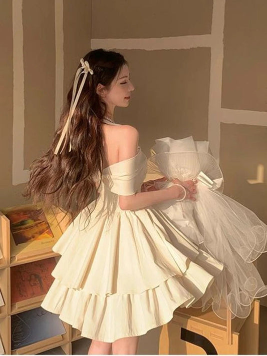 Summer Y2k Mini Dress Sweet Even Party Dress Office Lady Kawaii Clothing Bow Birthday Dress Korean