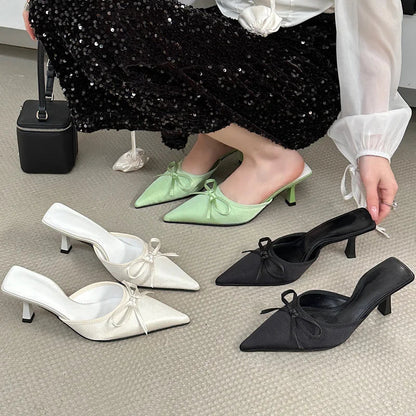 Spring New Butterflyknot Slipper Pointed Toe Slip on Mules Thin Low Heel Sandal Shoes Zapatos Mujer