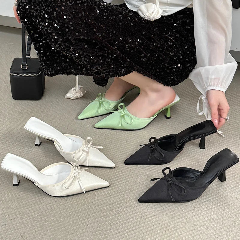 Spring New Butterflyknot Slipper Pointed Toe Slip on Mules Thin Low Heel Sandal Shoes Zapatos Mujer