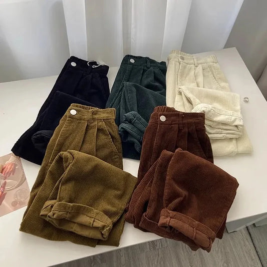 Retro High Waist Corduroy Pants Spring Fall Straight Causal Full Length Trousers Korean Baggy All Match Black Pant