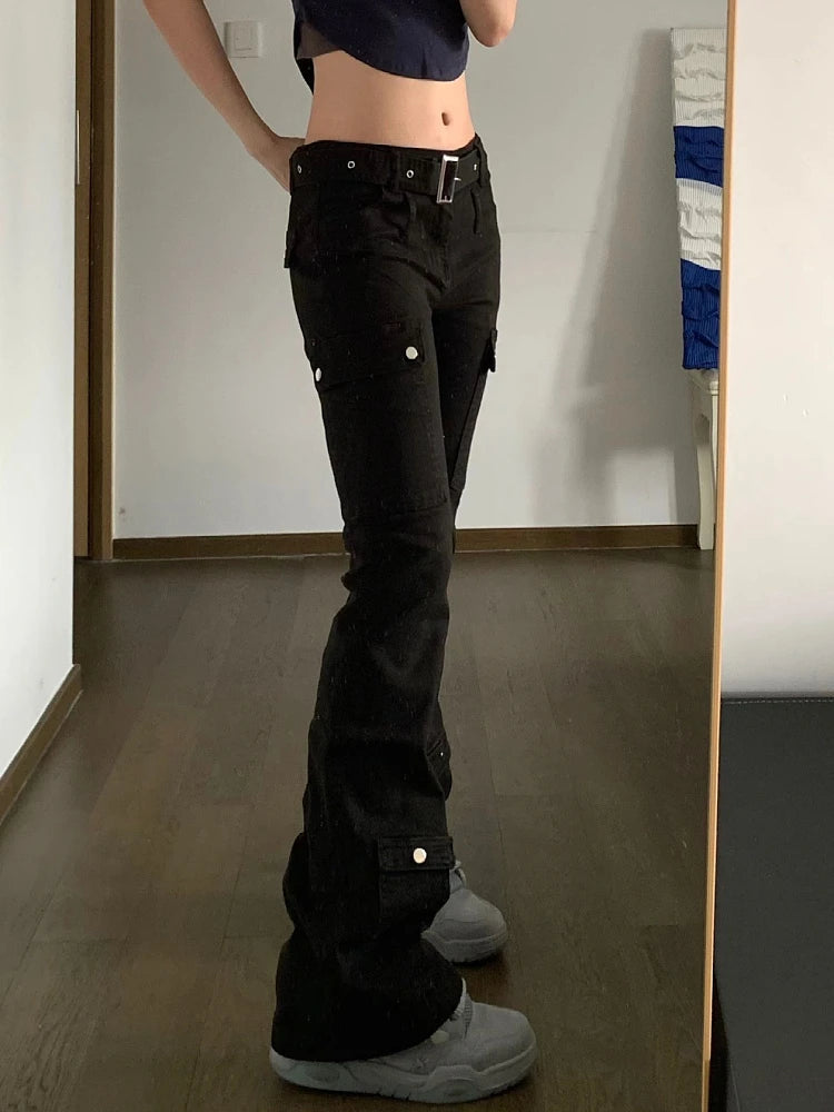 Woman Stretch Jeans Low Waist Denim Floorlength Multiple Pockets Dark Academia Pants Baddie Style Japanese