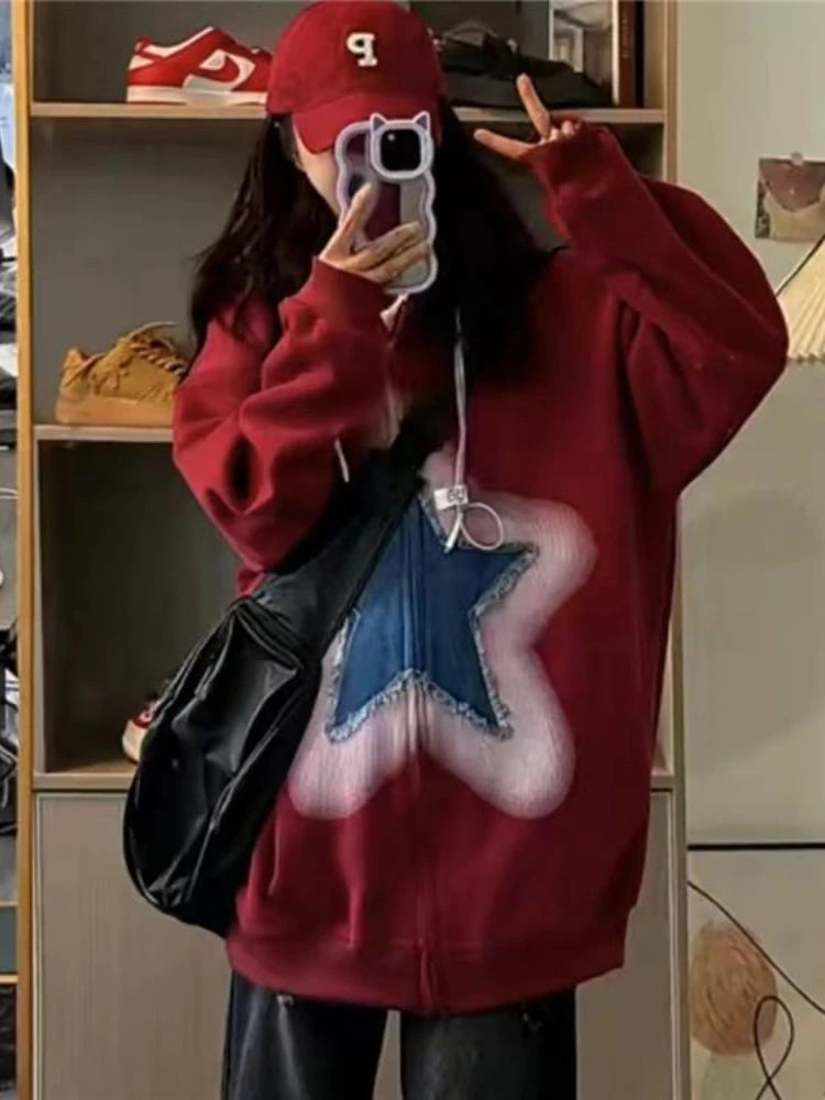 Y2k Zip Up Hoodie Sweet Star Graphics Sweatshirts Red Oversized Sport Coat Grunge Female Harajuku Clothes