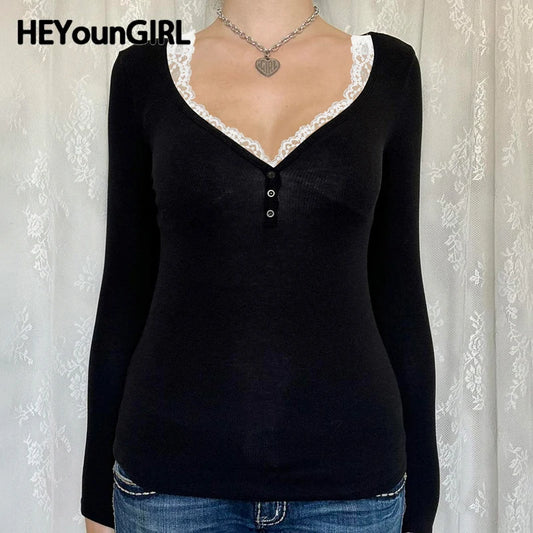 Contrast Lace Crew Neck Top Spring Y2k Long Sleeve Buttons T-shirt Knitted Slim Basic Tee Shirt 90s