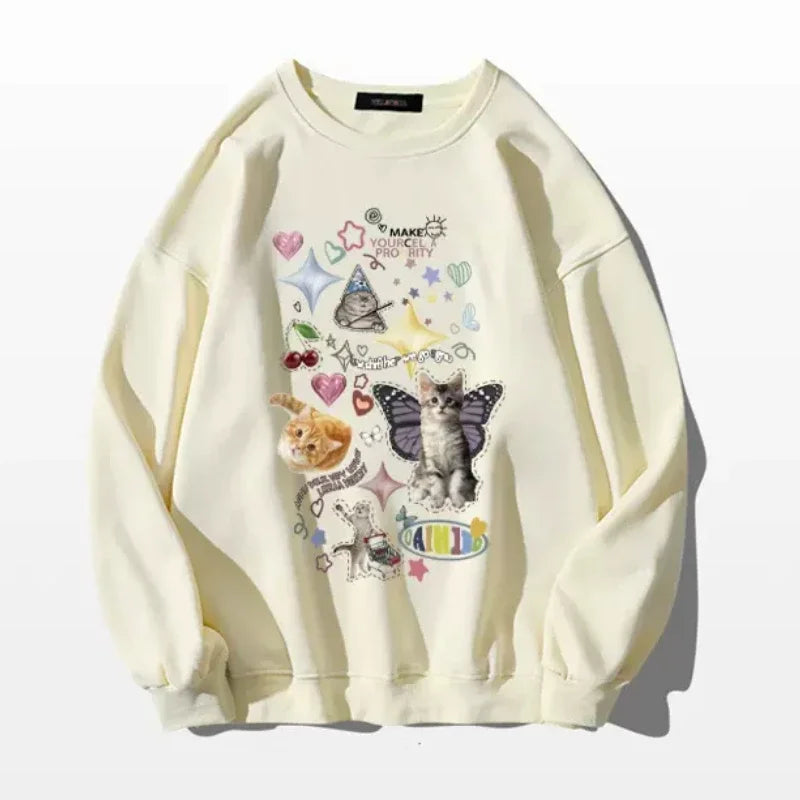 Kawaii Cat Print Hoodie Cutecore Long Sleeve Sweatshirt American Retro Egirl Kitten Angel Graphic Alt Clothes Y2k