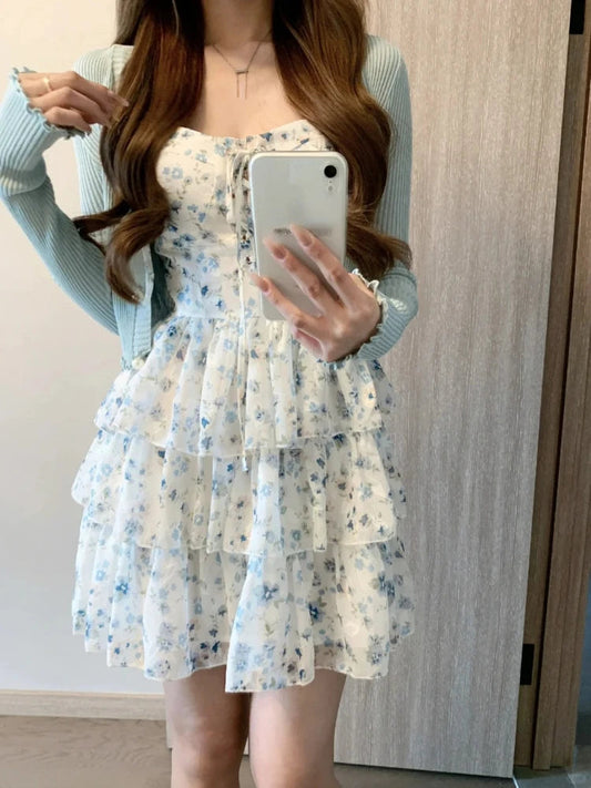 French 2 Piece Dress Suits Slim Dress + Korean Long Sleeve Thin Cardigan