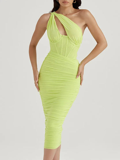 Mesh One Shoulder Backless Ruched Midi Dress