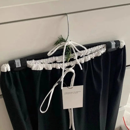 Summer Korean Retro High Street Black and White Stitching Elastic Laceup Wide Leg Pants
