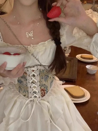 Midi Dresses for With Wide Corset Belt Ruffles French Party Dress Birthday Prom Robe Vestido