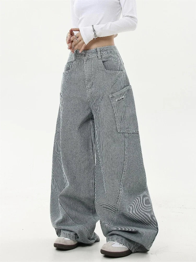 Retro Stripe Cargo Jeans Y2k Hip Hop Baggy Korean Straight Wide Leg Denim Pants Harajuku Mujer Bottoms