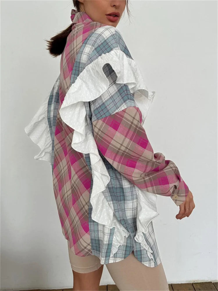 Ruffled Patchwork Shirts ’s Long Sleeve Lapel Cardigan Striped Contrast Clothes for Summer Shirts Coat