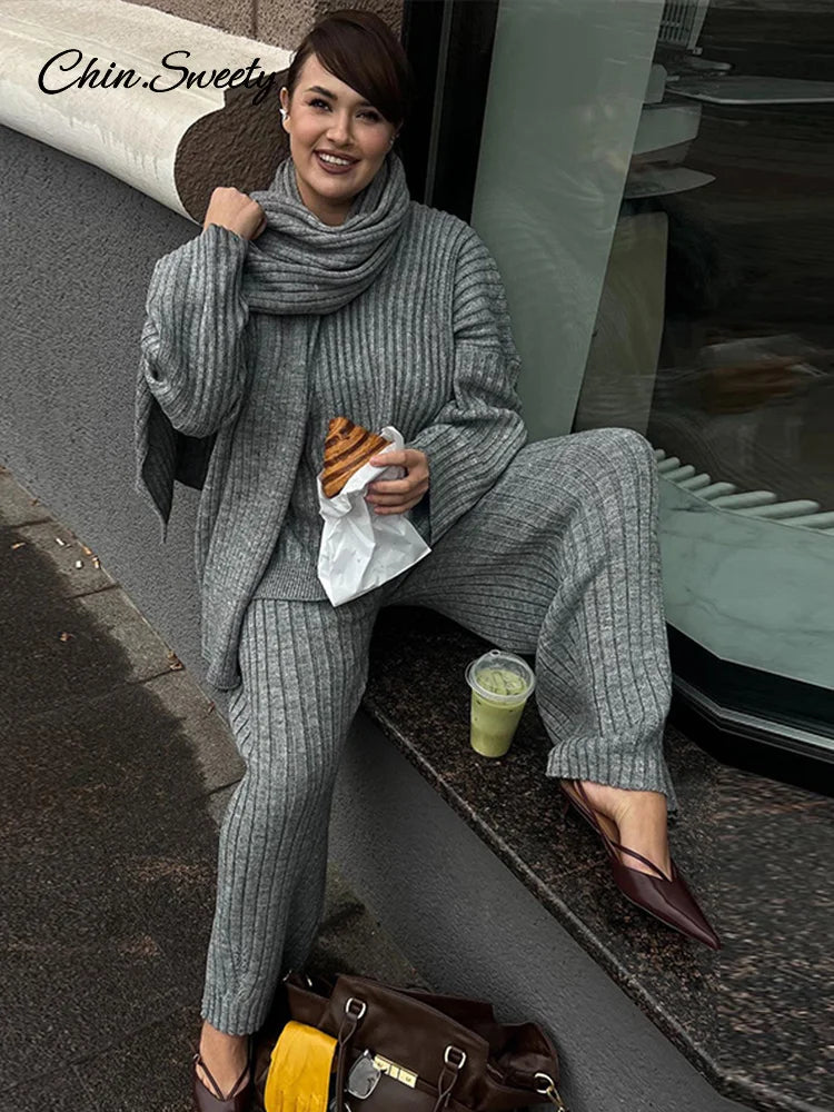 Lazy Loose Knit Burgundy Red Pant Set With Scarf Long Sleeve V-neck Jumper Wide Leg Full-length Pants Suit Lady Outfits