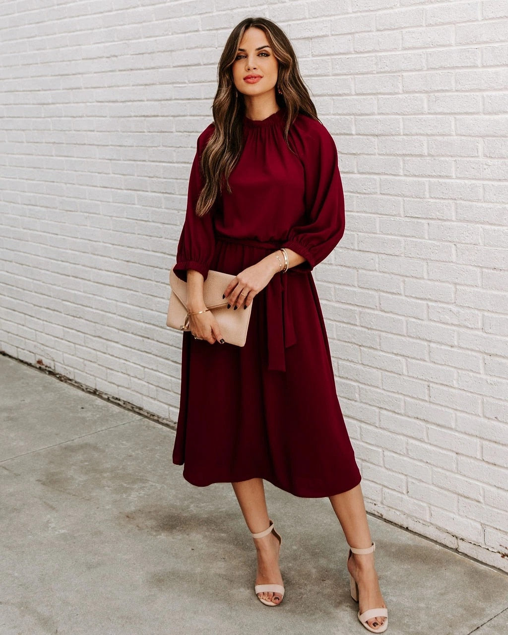 Office Dress Formal Loose Green Long Sleeve Belt A-line Midi Dresses