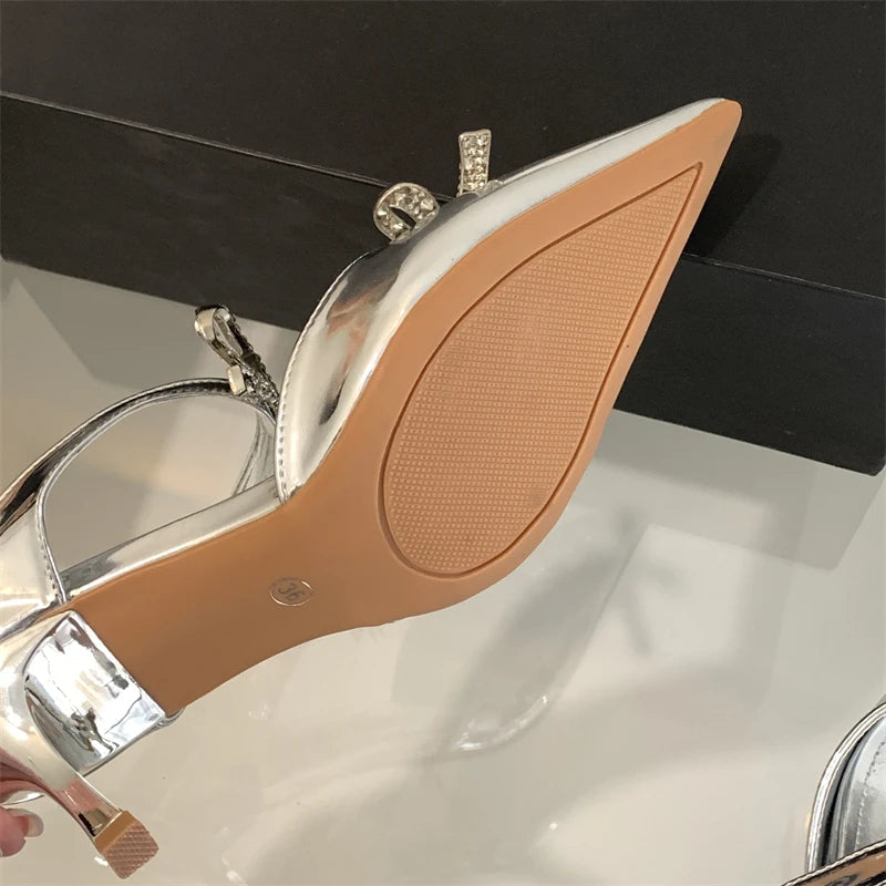 Summer Crystal Butterflyknot Pointed Toe Pumps Buckle Strap High Heels Party Prom Sandals Mule Shoes
