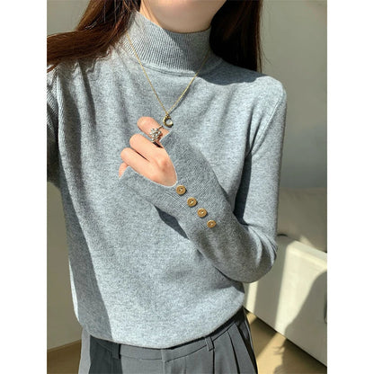 Half Turtleneck Sweater Korean Black Knitted Pullover Long Sleeve Knitwear Fall Winter Buttons Slim Jumpers