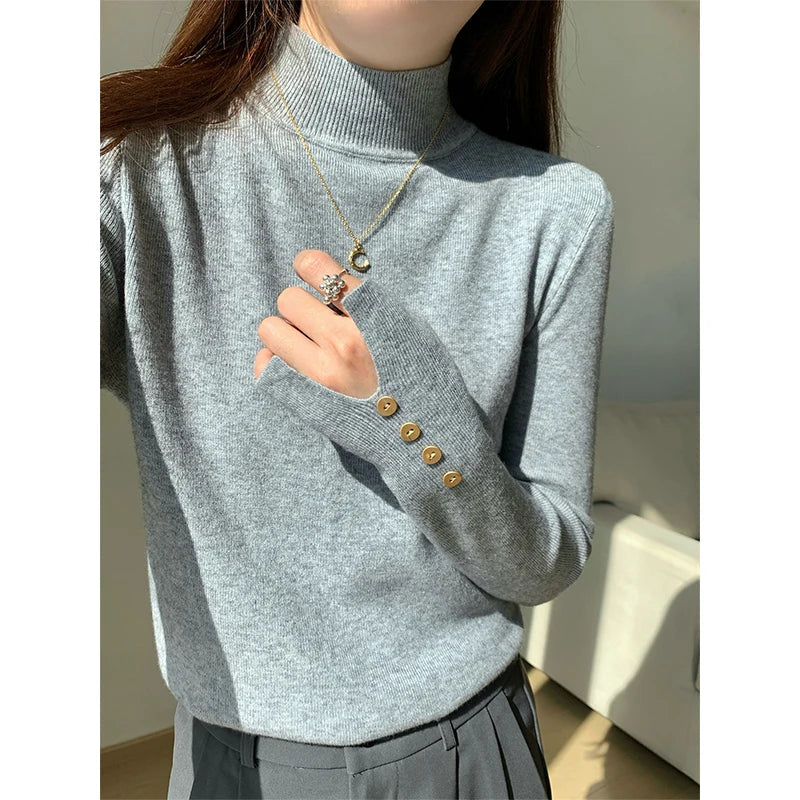 Half Turtleneck Sweater Korean Black Knitted Pullover Long Sleeve Knitwear Fall Winter Buttons Slim Jumpers