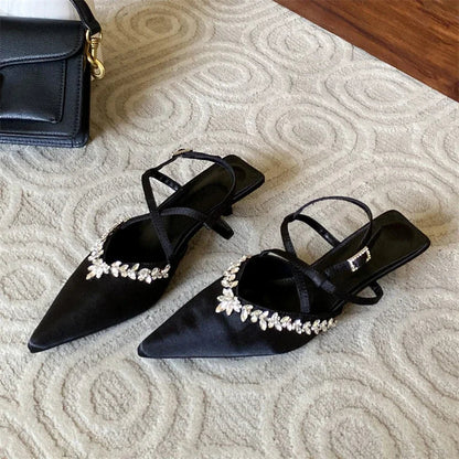 Spring Crystal Pointed Toe Narrow Band Woman Pumps Sandals Thin Low Heels Slingbacks Buckle Strap Female Shoes