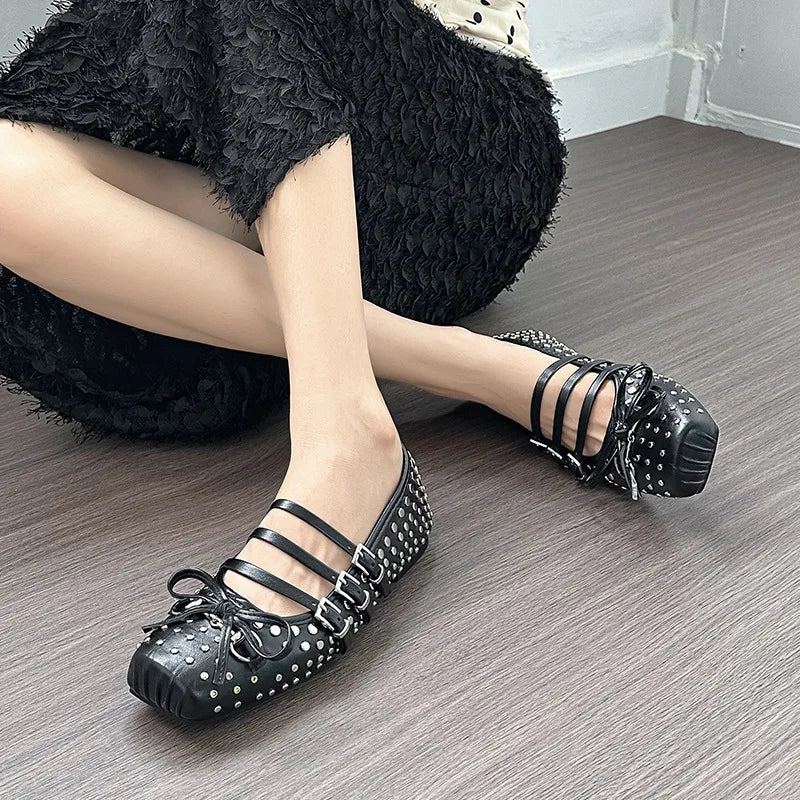 Rivet Ballet Burgundy Mary Jane Flat Shoes Summer New Bow Square Head Comfortable Shoes