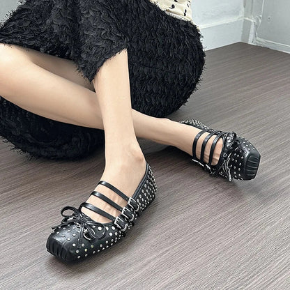 Rivet Ballet Burgundy Mary Jane Flat Shoes Summer New Bow Square Head Comfortable Shoes