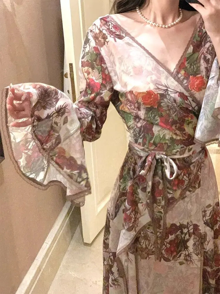 French Flower Print Midi Dress Female Retro Slim Design Long Sleeve Clothing Evening Party Dress Y2k Korean Summer