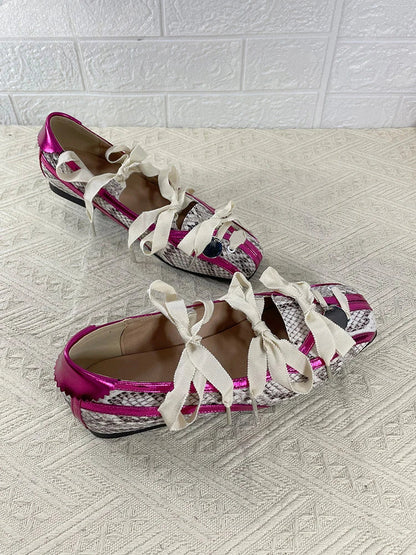 Spring Lolita Square Toe Purple Flat Ballet Shoes New Straps Bow Color Matching Mary Jane Shoes