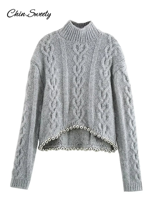 Beading Twist Pullover Knit Gray Long Sleeve High Collar Sweater Lady High Street Lady All-matching Knitwear