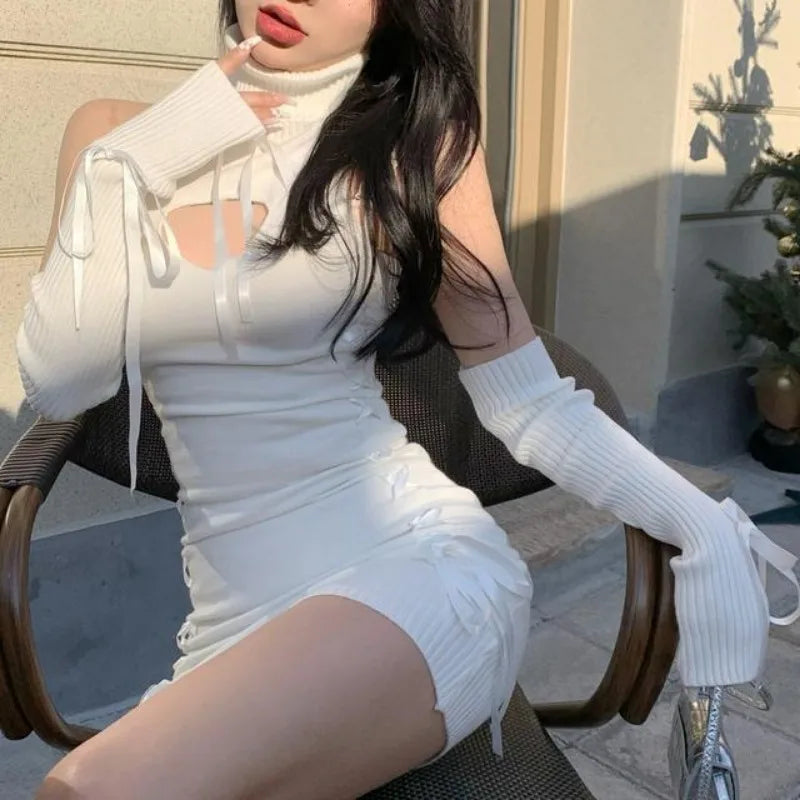 Knitted Dresses Autumn Winter Turtleneck Hollow Out Slim Stretch Bow Basic Party Sweater Dress Club