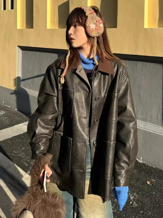 Leather Jackets for Corduroy Lapel Collar Cardigan Button Up Long Coat Autumn Winter Oversize Clothes New