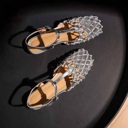 French Retro Hollowed Out Mesh Sandals Square Toe Sandals for Back Hollow Buckle Strap Flat Shoes Summer
