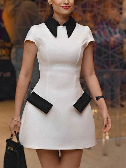 Summer Contrast Mini Dress for High Waist Patchwork Lapel Slim Dress Mini Dress