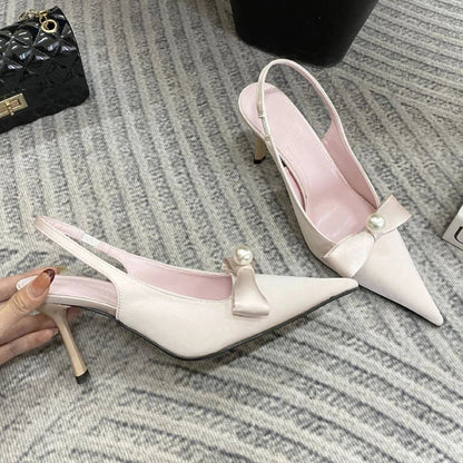 Satin Bow Pumps Pointed Toe Thin Heeled Backless Dress Shoes Brand Designer Shallow Mouth Sandal