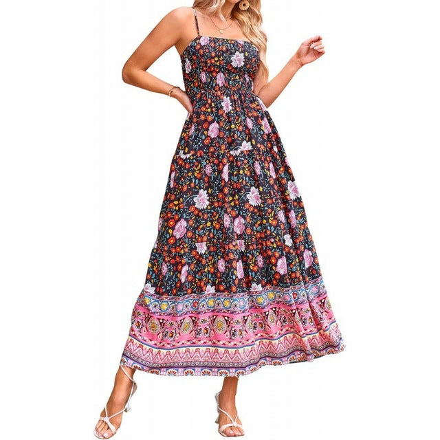 Flower Print Spaghetti Strap Dresses Beach Vacation Long Dress Female Summer New Vestidos