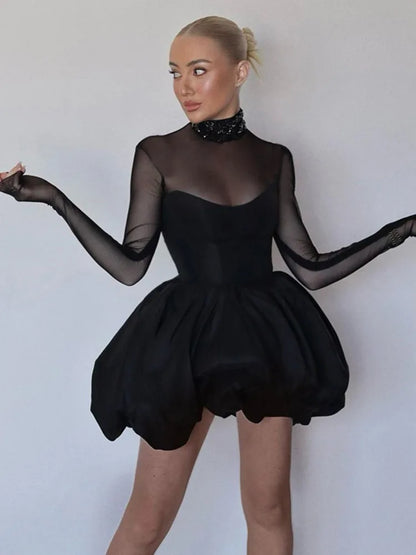 Turtleneck Sheer Long Sleeve Mini Dress for Black See Through High Waist A-line Club Party Dress