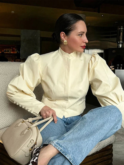 Retro Stand Collar Short Shirt Single Breasted Puffy Sleeve Shirts Coat Lady Versatile