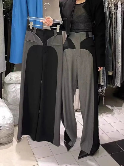 Chestnut Spring Newdesign Sense Color Contrast Patchwork Suit Pants High Waist Slimming Loose Wide Leg Mop Pants