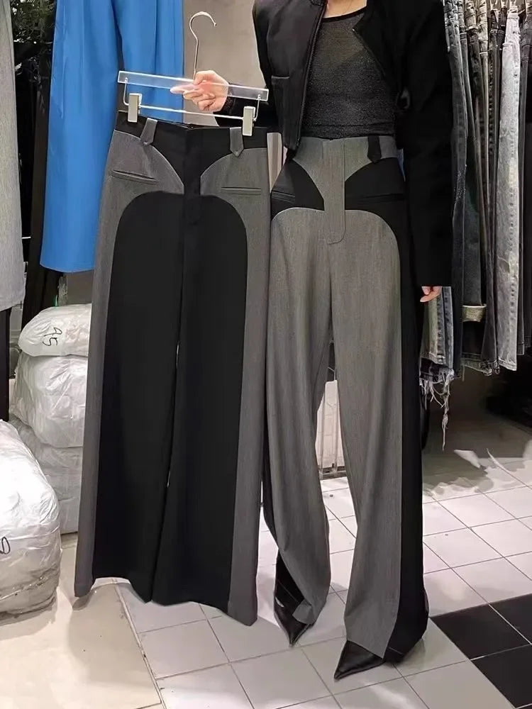 Chestnut Spring Newdesign Sense Color Contrast Patchwork Suit Pants High Waist Slimming Loose Wide Leg Mop Pants