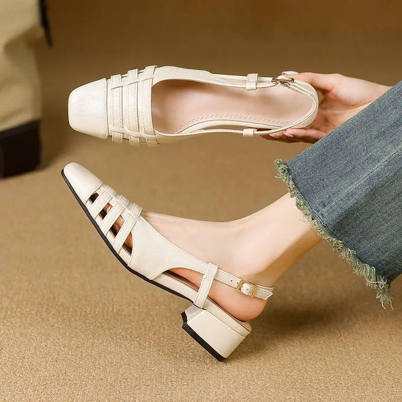 Design Sandals Square Toe Block Heels 3.5cm Back Buckle Strap Big Size 43 Dating Shoes 31 32