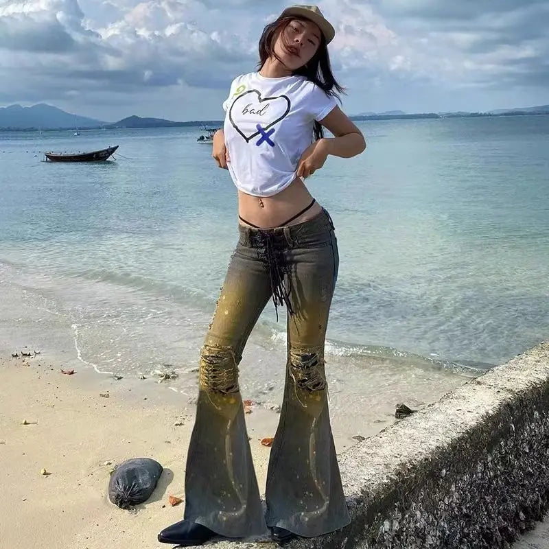 American Y2k Low Rise Jeans Laceup Design Splashed Ink Distressed Thin Versatile Popular Ripped Flared Pants